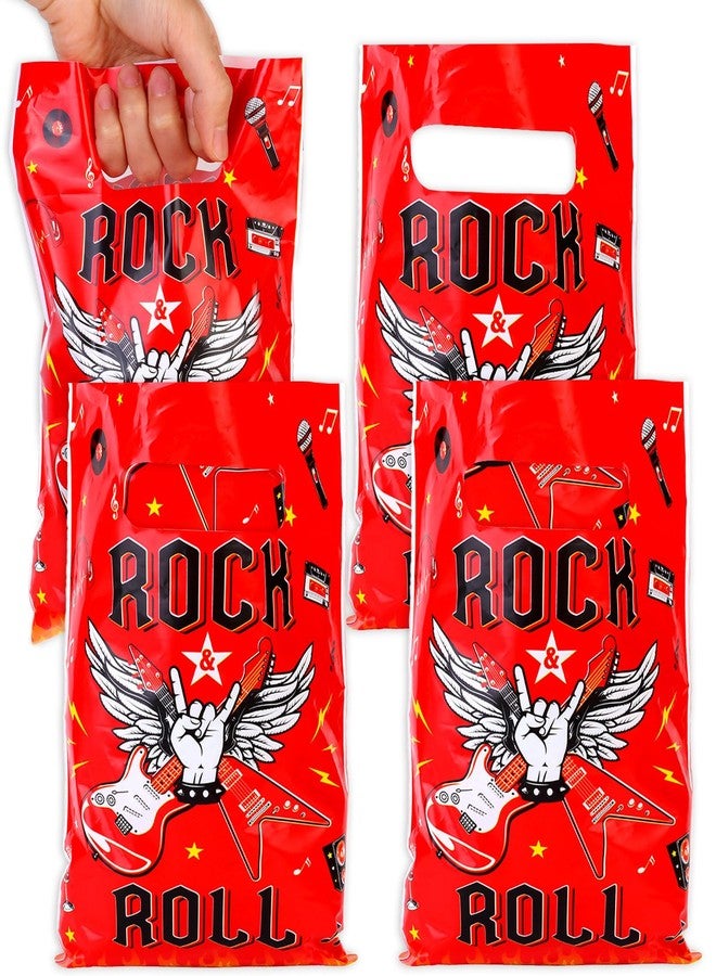 Serencatcher 50Pcs Rock and Roll Party Bags, Music Gift Goodie Candy Treat Bags, Plastic Gift Bags with Handles Black and Red for 1950s 80s 90s Rock N Roll Guitar Born to Rock Party Favors Decorations - Image 1
